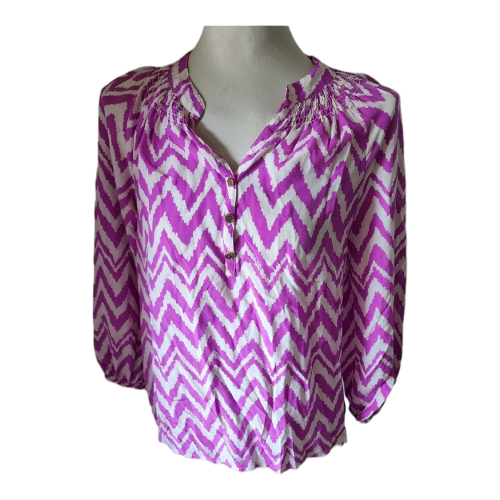 Lilly Pulitzer Silk Fuchsia Zig Zag Striped 100% Silk Gold Button Top